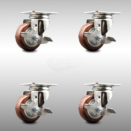 Service Caster 3 Inch 316SS Maroon Polyurethane Wheel Swivel Top Plate Caster Set with Brake SCC-SS31620S314-PPUB-MRN-TLB-4